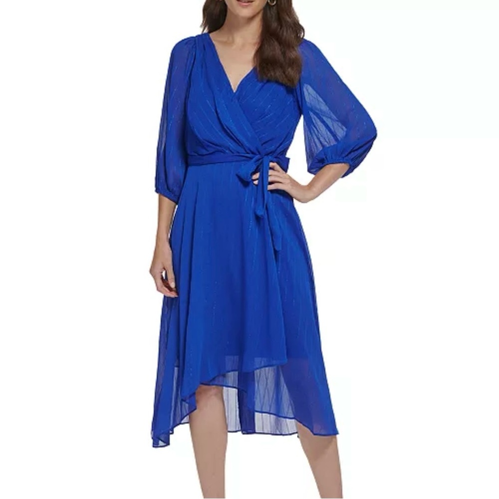 DKNY V-Neck Belted Balloon-Sleeve Chiffon Dress (NWT)